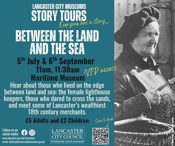 poster with black and white photo of lighthouse keeper Janet Raby. She's quite old in this picture, dressed in a warm coat and tam o'shanter hat, holding a basket and small fishing net made from a forked stick with netting attached. 
